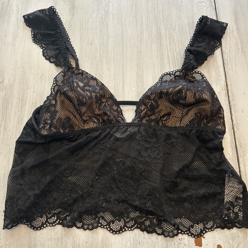 Edikted Black Floral Lace Cropped Babydoll Sheer Cami Sz M Y2K Style Coquette